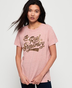 Superdry The Real Glitter Sequin Női Pólók Rózsaszín/Fehér | OBNQC2196